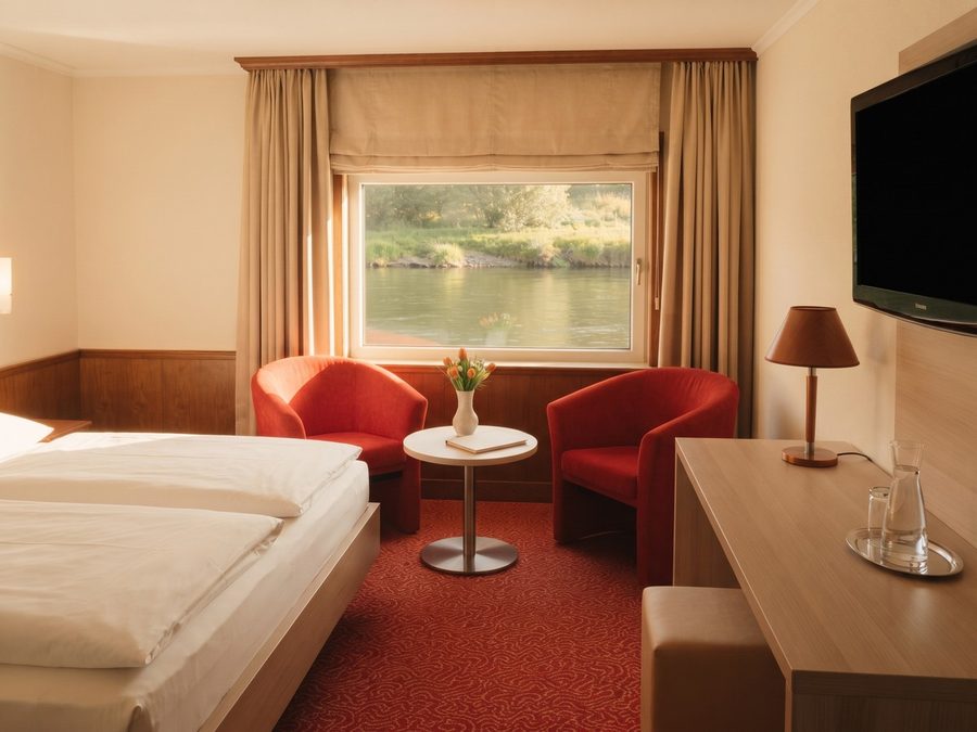 Doppelzimmer Komfort mit Sitzgruppe am Fenster und Blick auf die Tauber