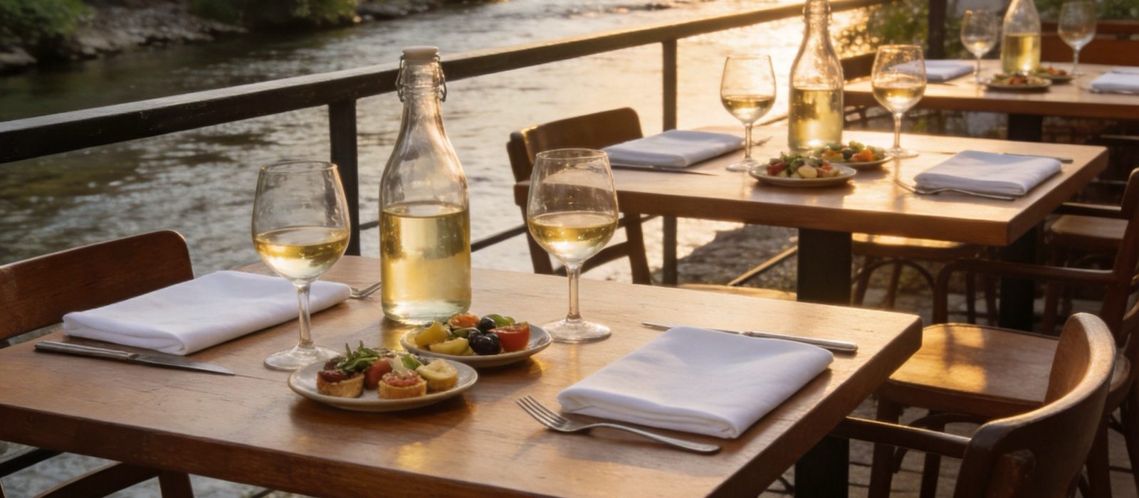 Gedeckter Tisch mit Weingläsern auf der Terrasse über der Tauber